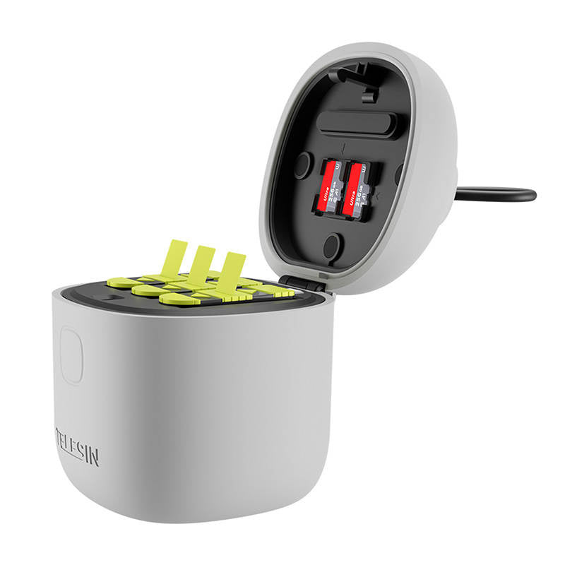 Allin boks Telesin vandtæt tre-kanals oplader + 2 batterier til GoPro Hero 12 / Hero 11 / Hero 10 / Hero 9 (GP-BTR-905-GY-B)