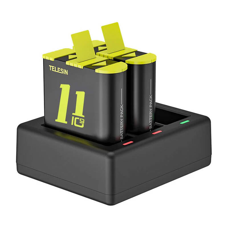 Telesin tre-kanals oplader + 2 batterier til GoPro Hero 9 / 10 / 11 / 12 (GP-BTR-903-B)