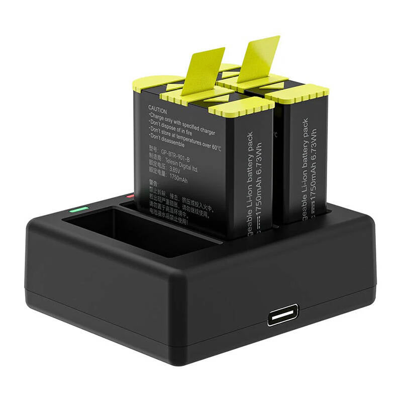Telesin tre-kanals oplader + 2 batterier til GoPro Hero 9 / 10 / 11 / 12 (GP-BTR-903-B)
