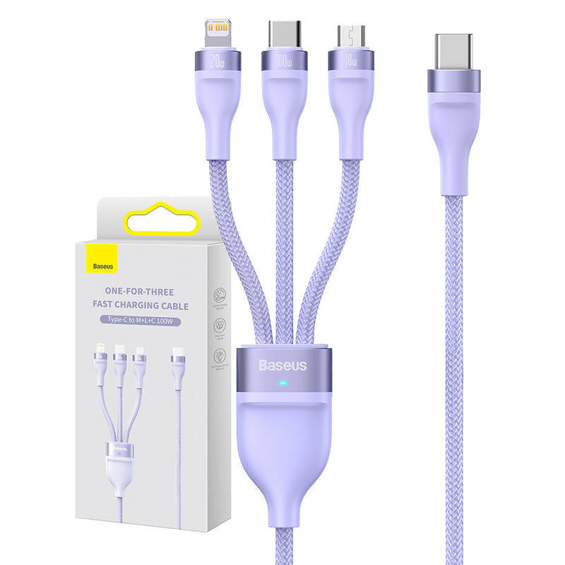 3in1 USB-kabel Baseus Flash Series 2, USB-C + micro USB + Lightning, 100W, 1,5m (lila)