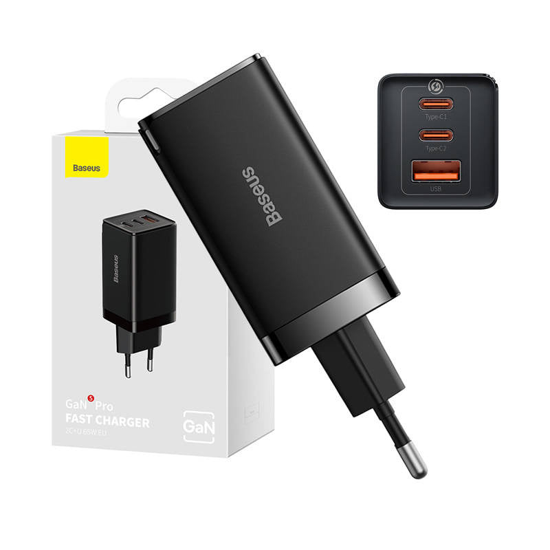 Væglader Baseus GaN5 Pro 2xUSB-C + USB, 65W (sort)