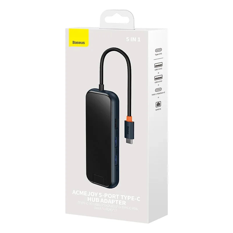 Hub 5in1 Baseus AcmeJoy serie USB-C til 2xUSB 3.0 + USB 2.0 + USB-C PD + RJ45 (mørkgrå)