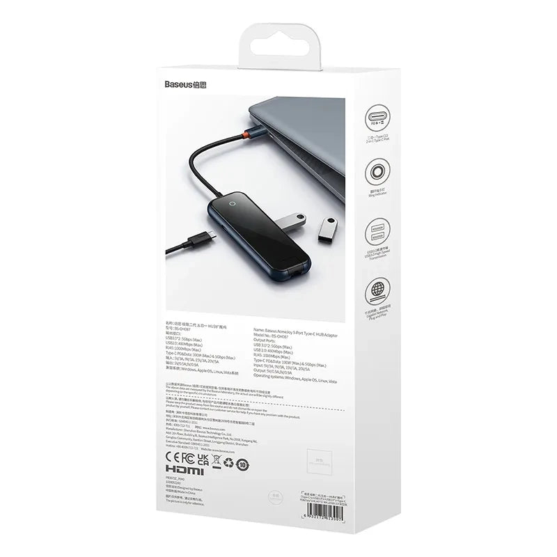 Hub 5in1 Baseus AcmeJoy serie USB-C til 2xUSB 3.0 + USB 2.0 + USB-C PD + RJ45 (mørkgrå)
