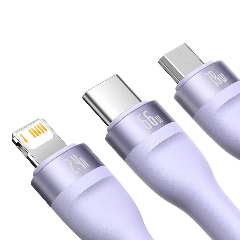 3in1 USB-kabel Baseus Flash II-serie, USB-C + micro USB + Lightning, 66W, 1.2m (purpur)