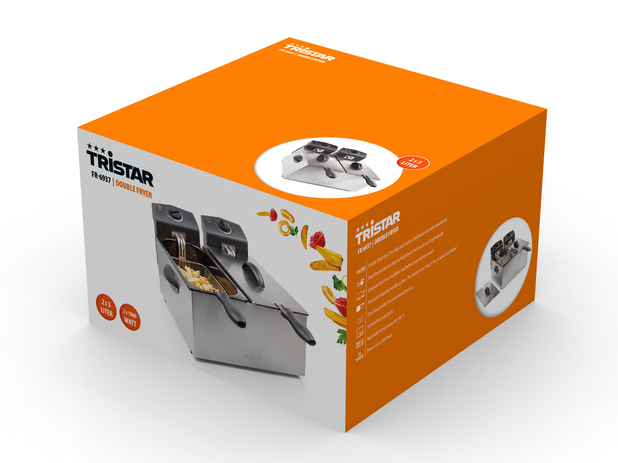 Tristar FR-6937 frituregryde Dobbelt 6 L Enkeltstående 3600 W Sort, Rustfrit stål