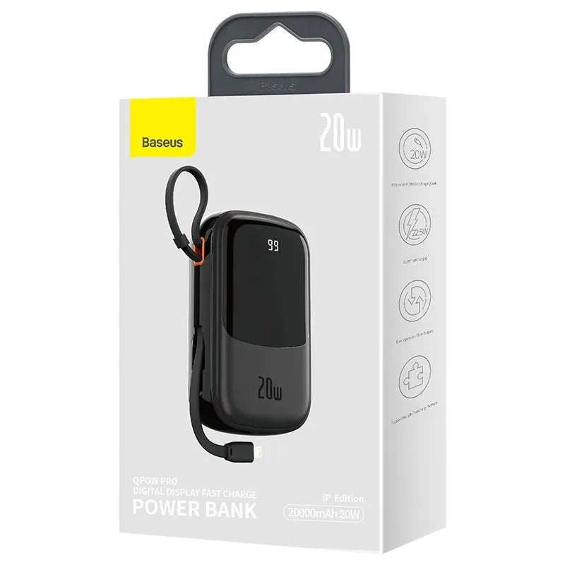 Powerbank Baseus Qpow PRO med Lightning-kabel, USB-C-port og USB 20000mAh, 20W (Sort)