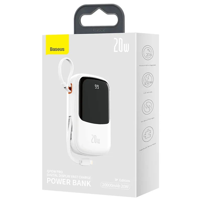 Powerbank Baseus Qpow PRO med Lightning-kabel, USB-C-port og USB 20000mAh, 20W (hvid)