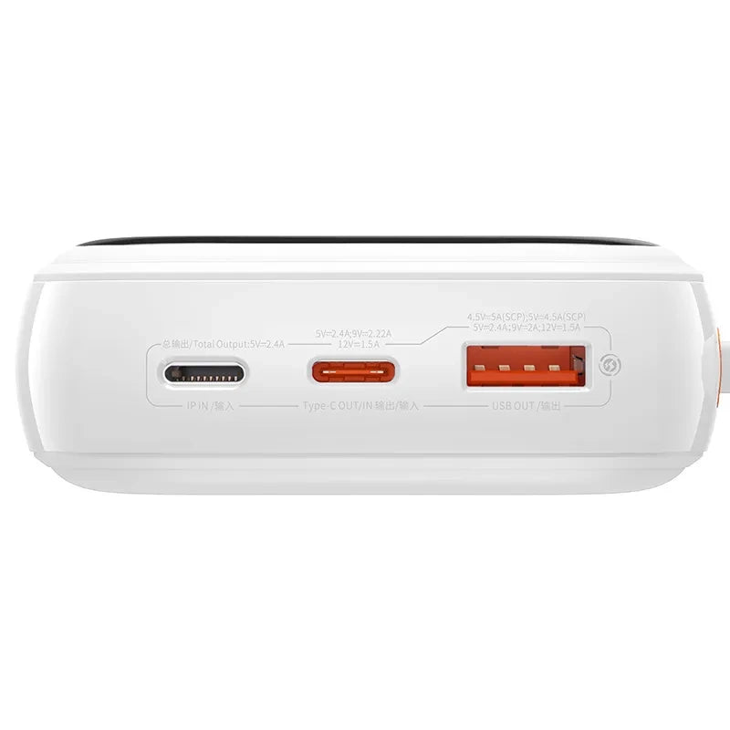 Powerbank Baseus Qpow PRO med Lightning-kabel, USB-C-port og USB 20000mAh, 20W (hvid)