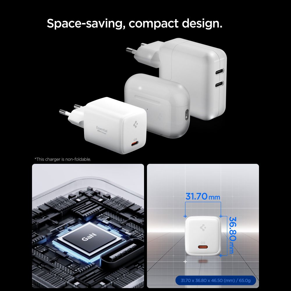 Spigen Ee451 Eu Gan Essential 1 Port Netværksopladder 45 W + Usb C Kabel Hvid