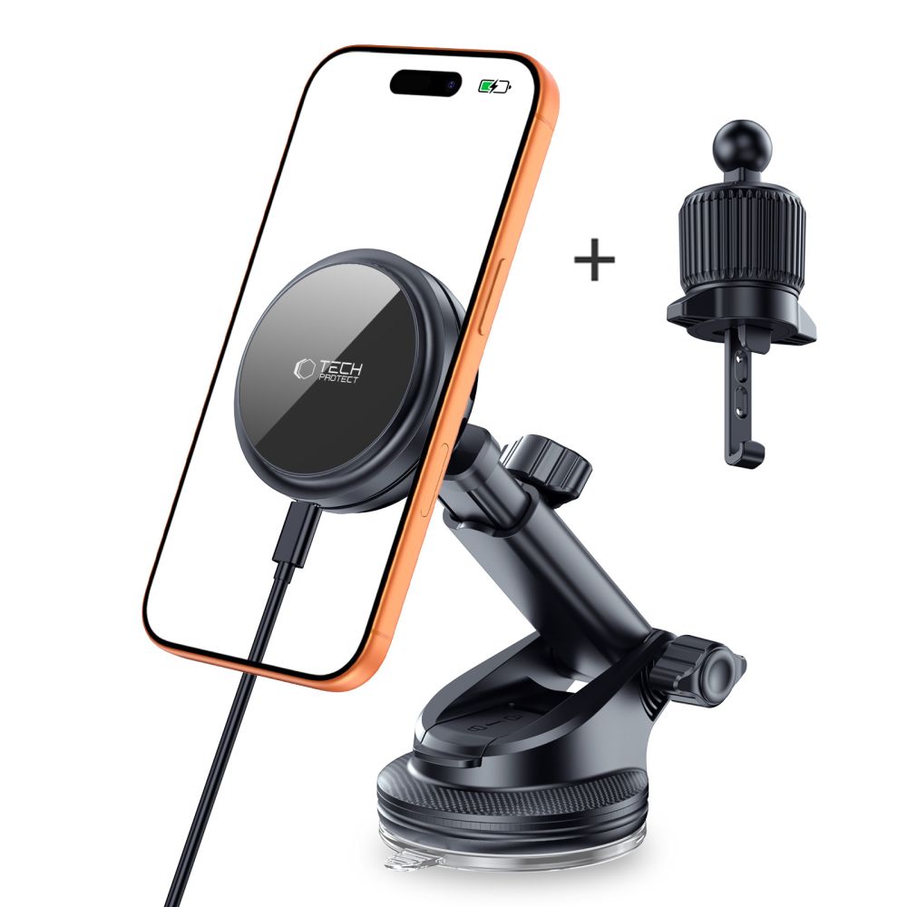 Tech Protect V9 Arcticboost Magnetisk Magsafe Dashboard & Ventilation Trådløs Opladder Til Bilholder 25 W Qi2.2 Sort