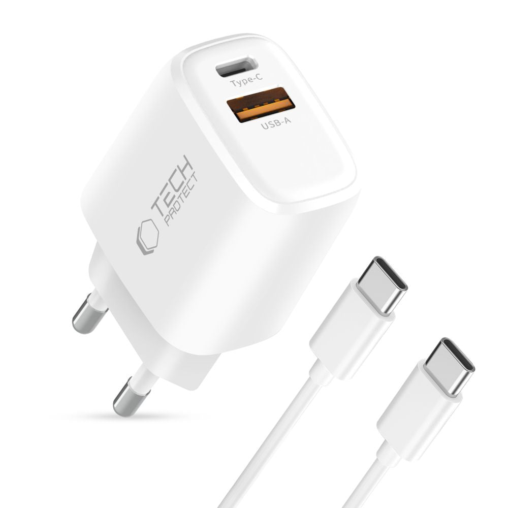 Tech Protect Nca45 W Gan 2 Port Netværksopladder Pd 45 W / Qc3.0 + Type C Kabel Hvid