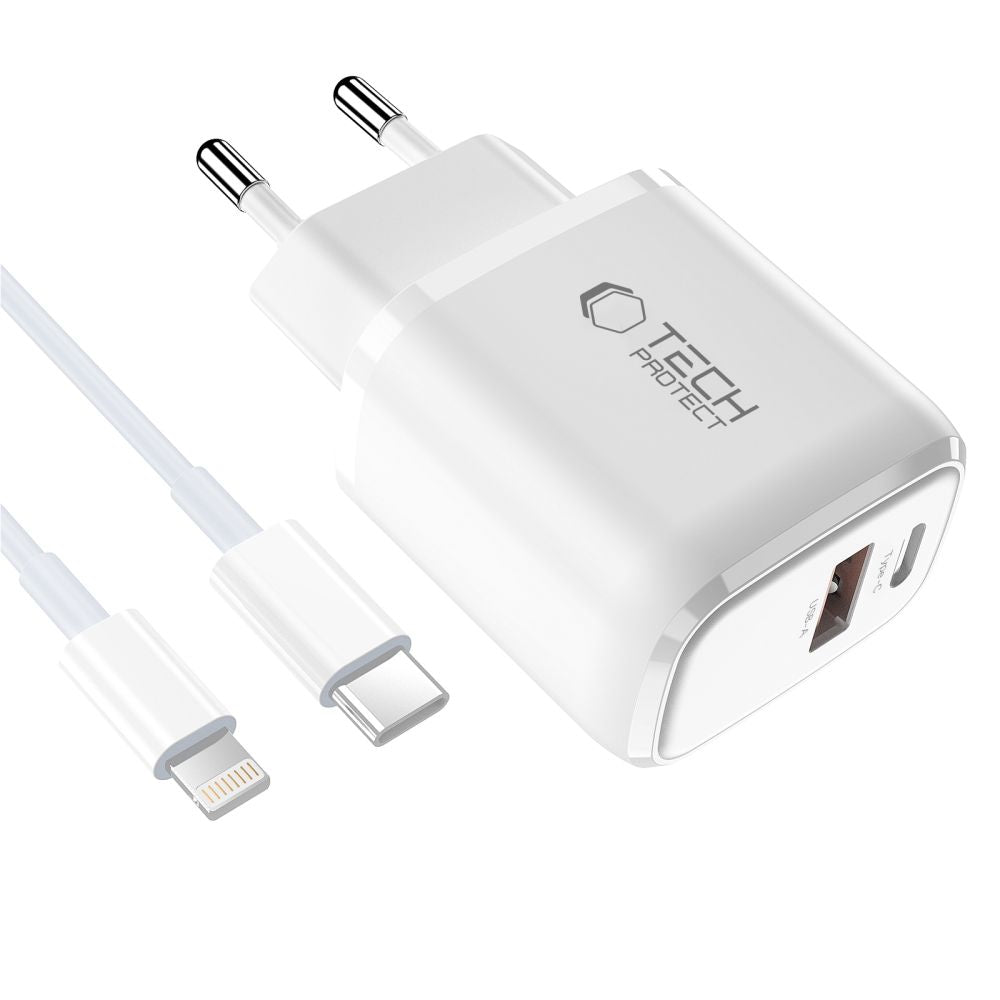 Tech Protect Nca45 W Gan 2 Port Netværksopladder Pd 45 W / Qc3.0 + Lightning Kabel Hvid