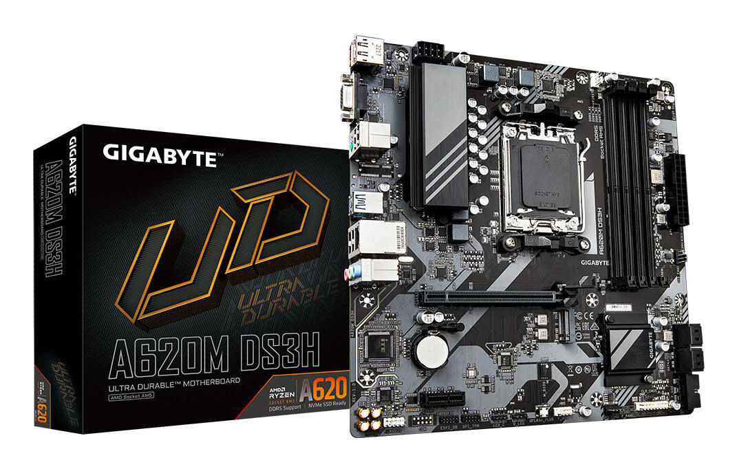 GIGABYTE A620M DS3H Motherboard - Supports AMD Ryzen 8000 CPUs, 5+2+2 Phases Digital VRM, up to 7600MHz DDR5 (OC), 1xPCIe 4.0 M.2, GbE LAN, USB 3.2 Gen 1
