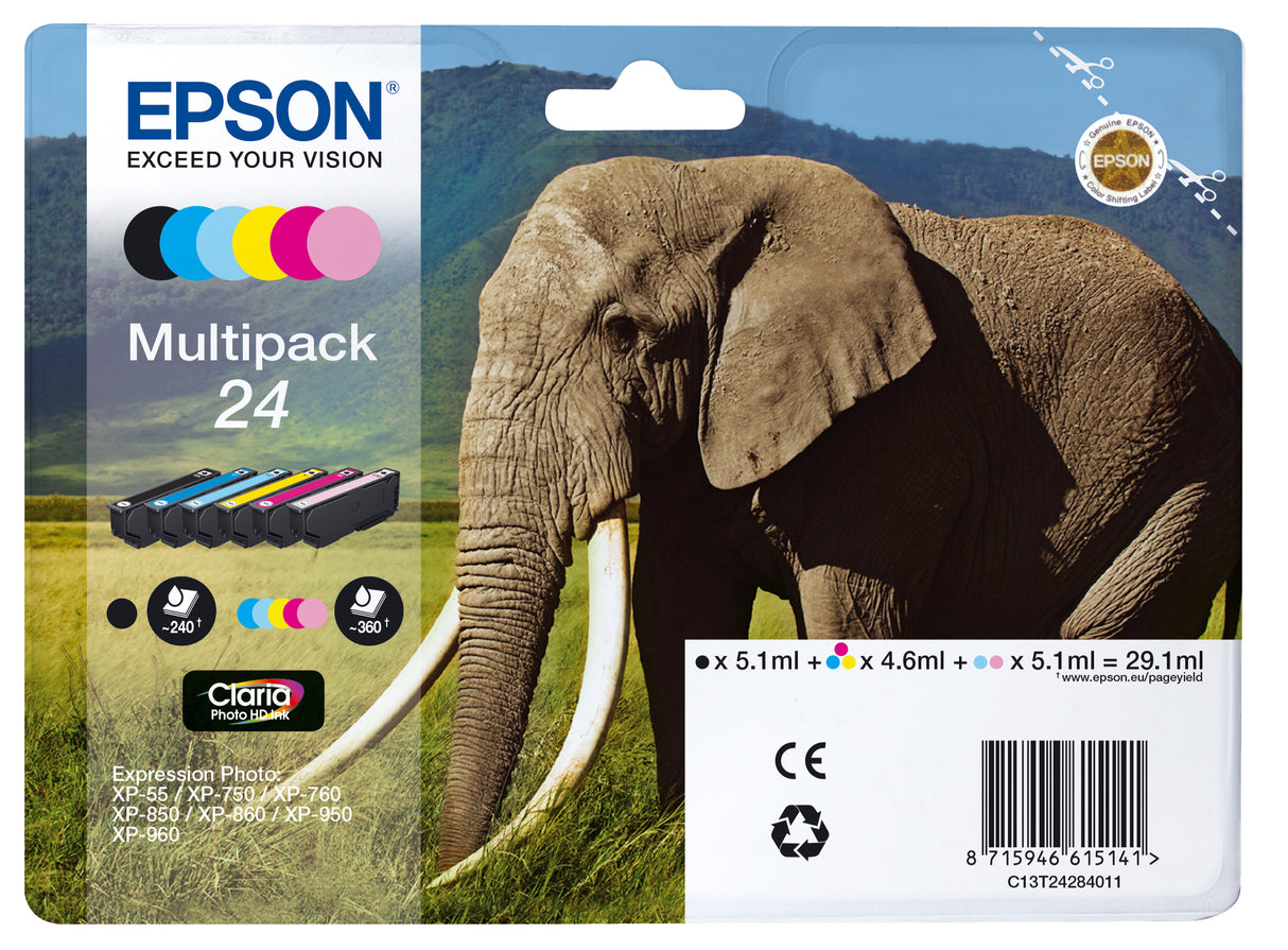Epson Elephant Multipack 24 blækpatron 6 stk Original Standard udbytte Sort, Blå, Lys cyan, Magenta, Lys magenta, Gul