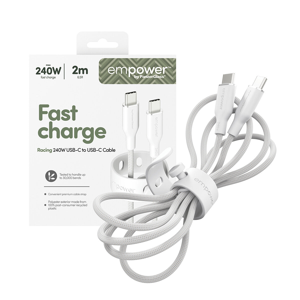 PanzerGlass empower™ by ® Racing 240W USB-C to USB-C Kabel | USB 2.0 | 2M | Silver White