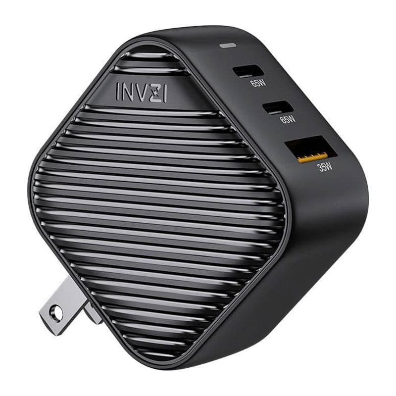 INVZI GanHub 2x USB-C + USB vægoplader, 65W, EU/UK/AU/US (sort)