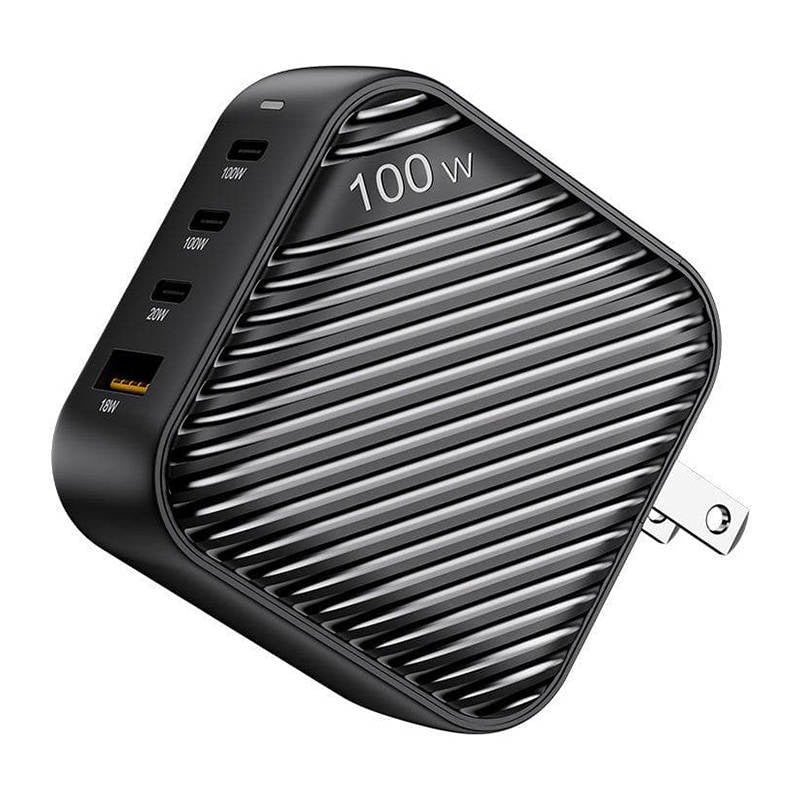 INVZI GanHub 3x USB-C + USB vægoplader, 100W, EU/UK/AU/US (sort)