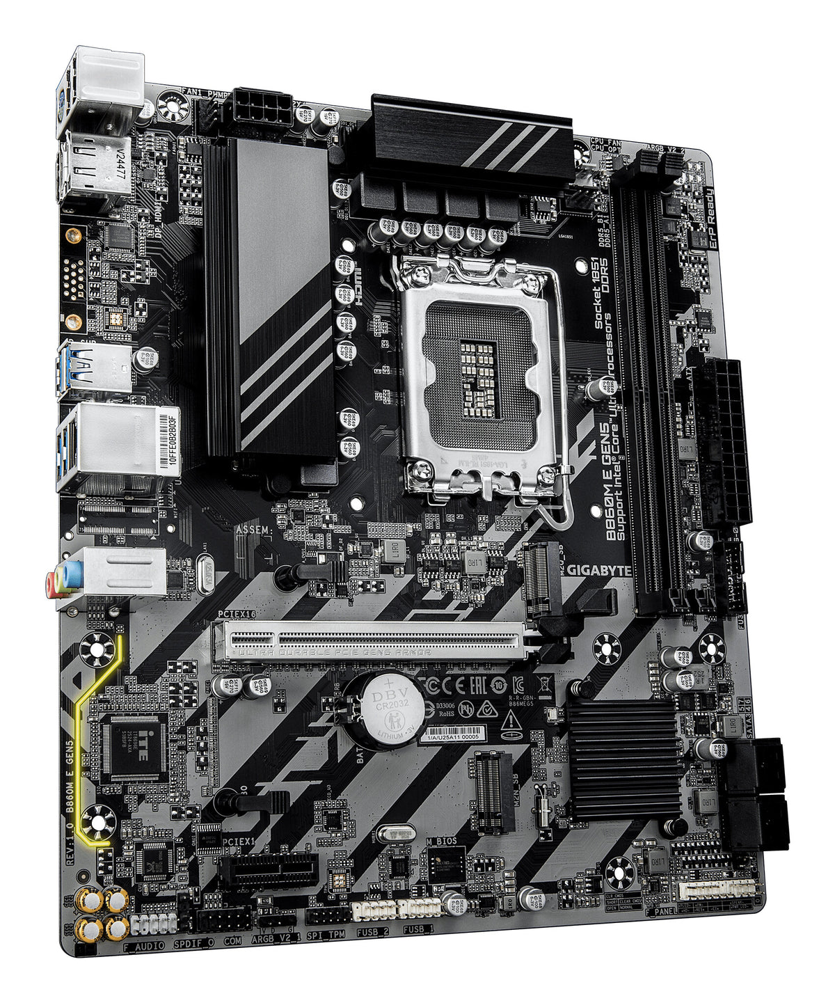 GIGABYTE B860M E GEN5 Motherboard - Intel Core Ultra Series CPUs, 4+1+2 Phases VRM, up to 8800MHz DDR5 (O.C.), 2xPCIe 4.0 M.2, 1GbE LAN, USB 3.2 Gen 1