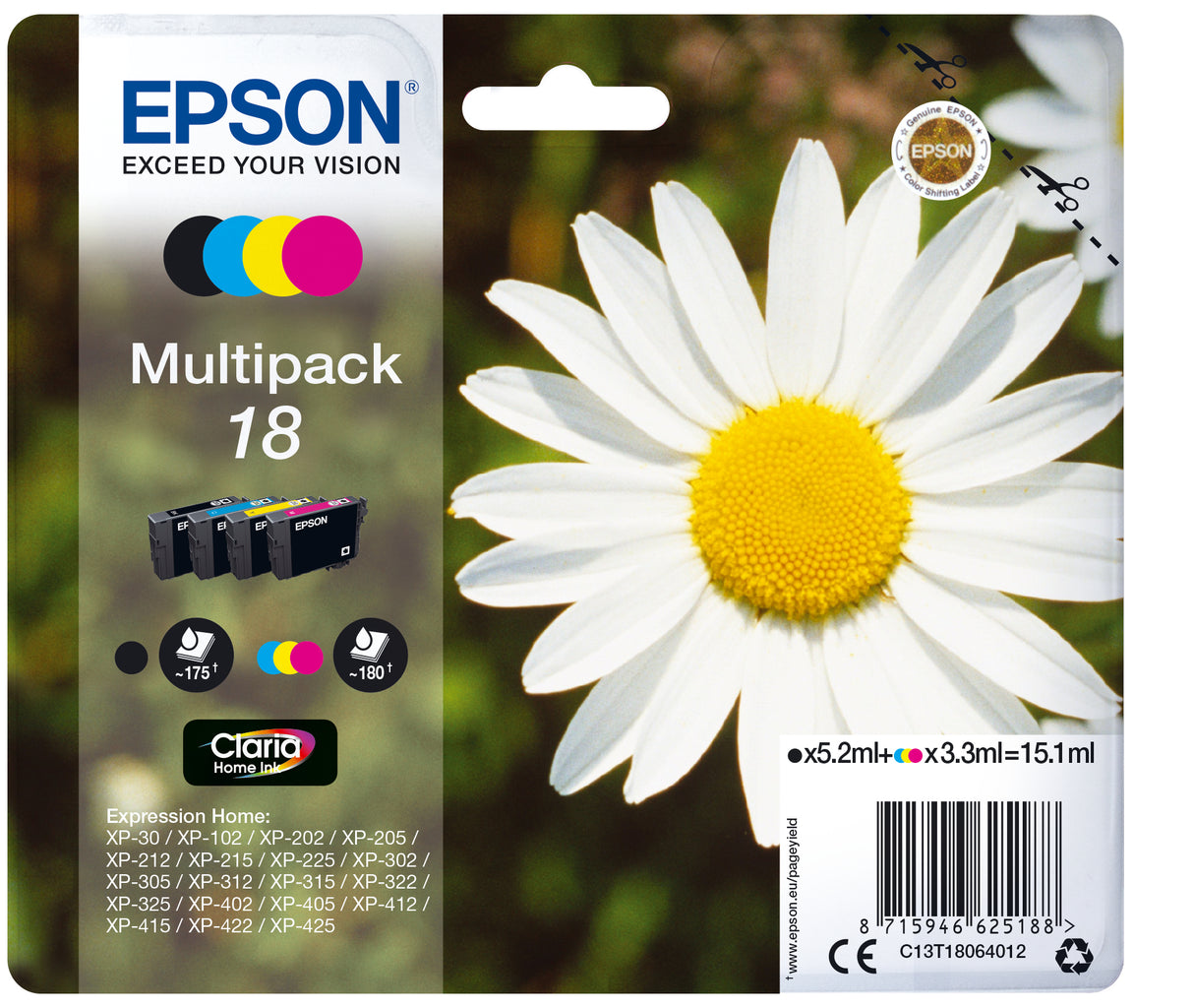 Epson Daisy C13T18064012 blækpatron 1 stk Original Standard udbytte Sort, Blå, Magenta, Gul