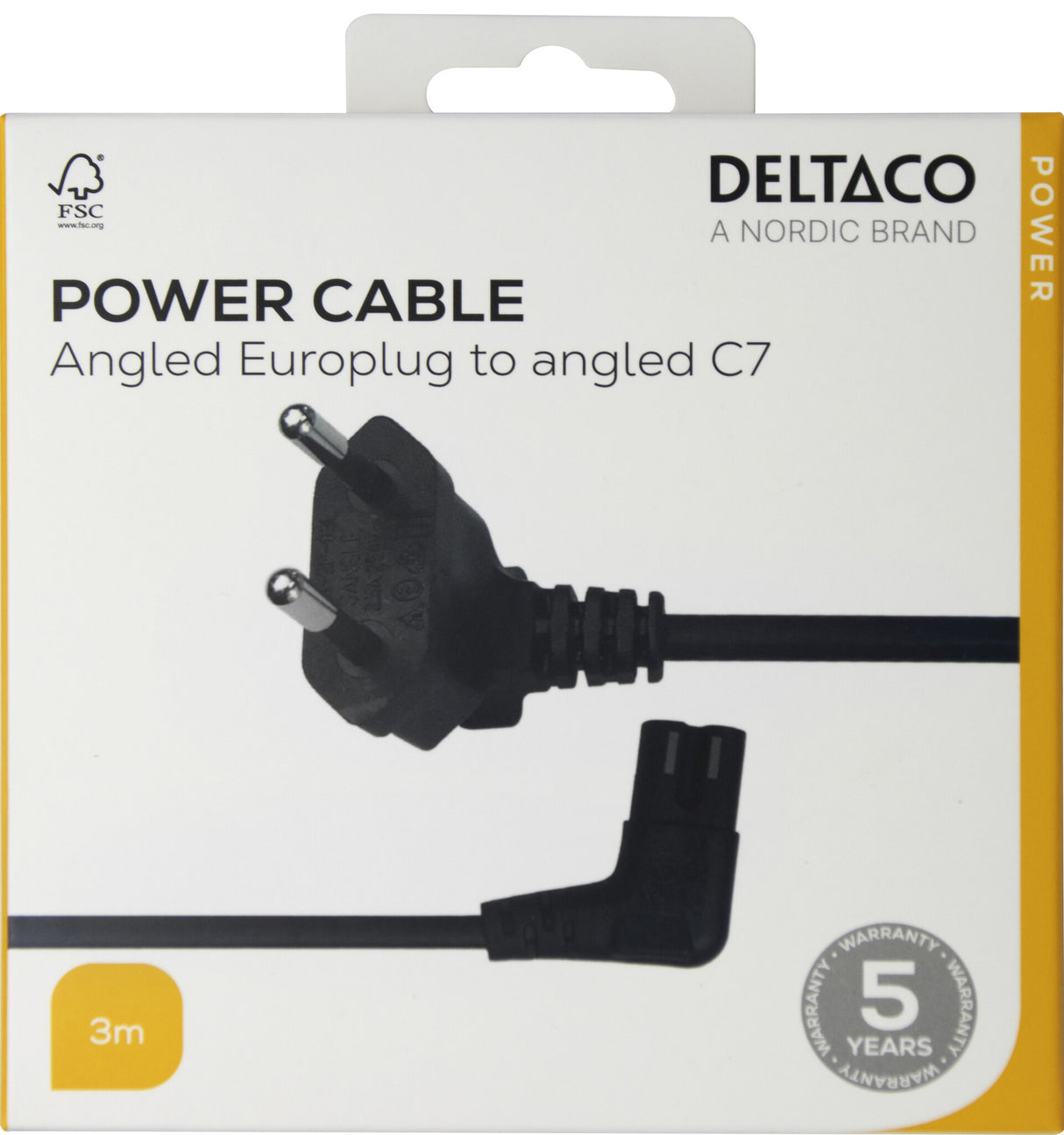 Deltaco Power cord CEE 7/16 - C7 angled, 3,0m, black