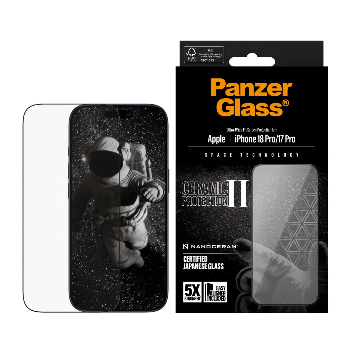 PanzerGlass ® Ceramic II Skærmbeskyttelse iPhone 17 Pro | Ultra-Wide Fit m. EasyAligner