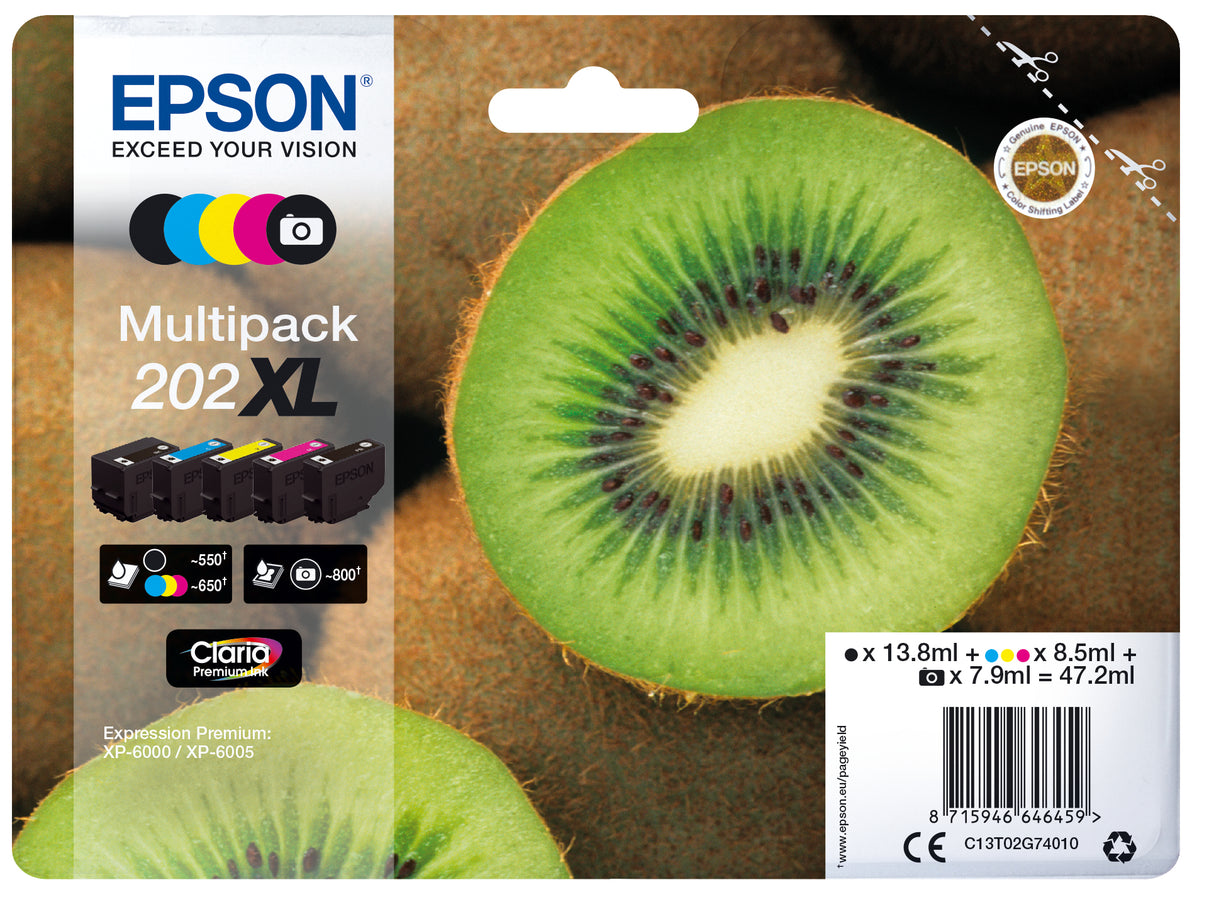 Epson Kiwi 202XL blækpatron 1 stk Original Højt (XL) udbytte Sort, Foto sort, Blå, Magenta, Gul