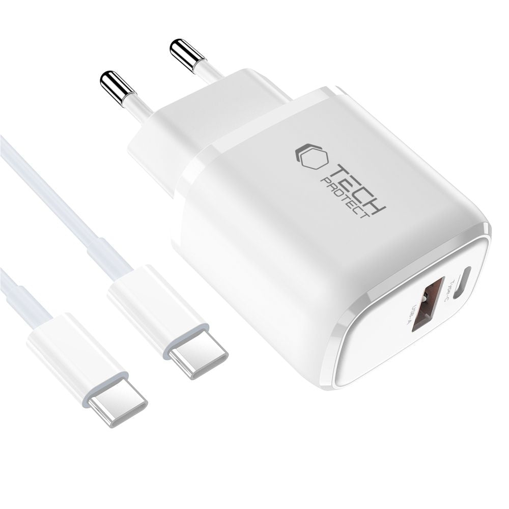 Tech Protect Nca30 2 Port Netværksopladder Pd 30 W / Qc3.0 + Type C Kabel Hvid