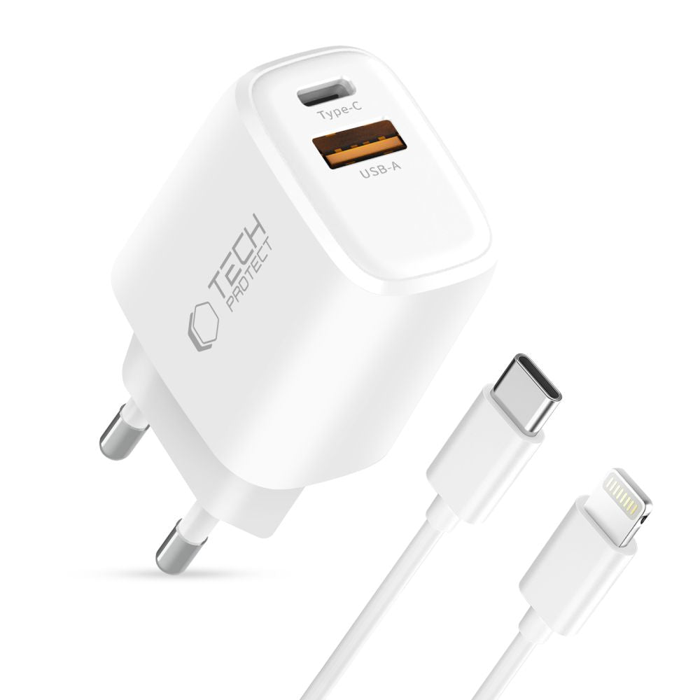 Tech Protect Nca45 W Gan 2 Port Netværksopladder Pd 45 W / Qc3.0 + Lightning Kabel Hvid