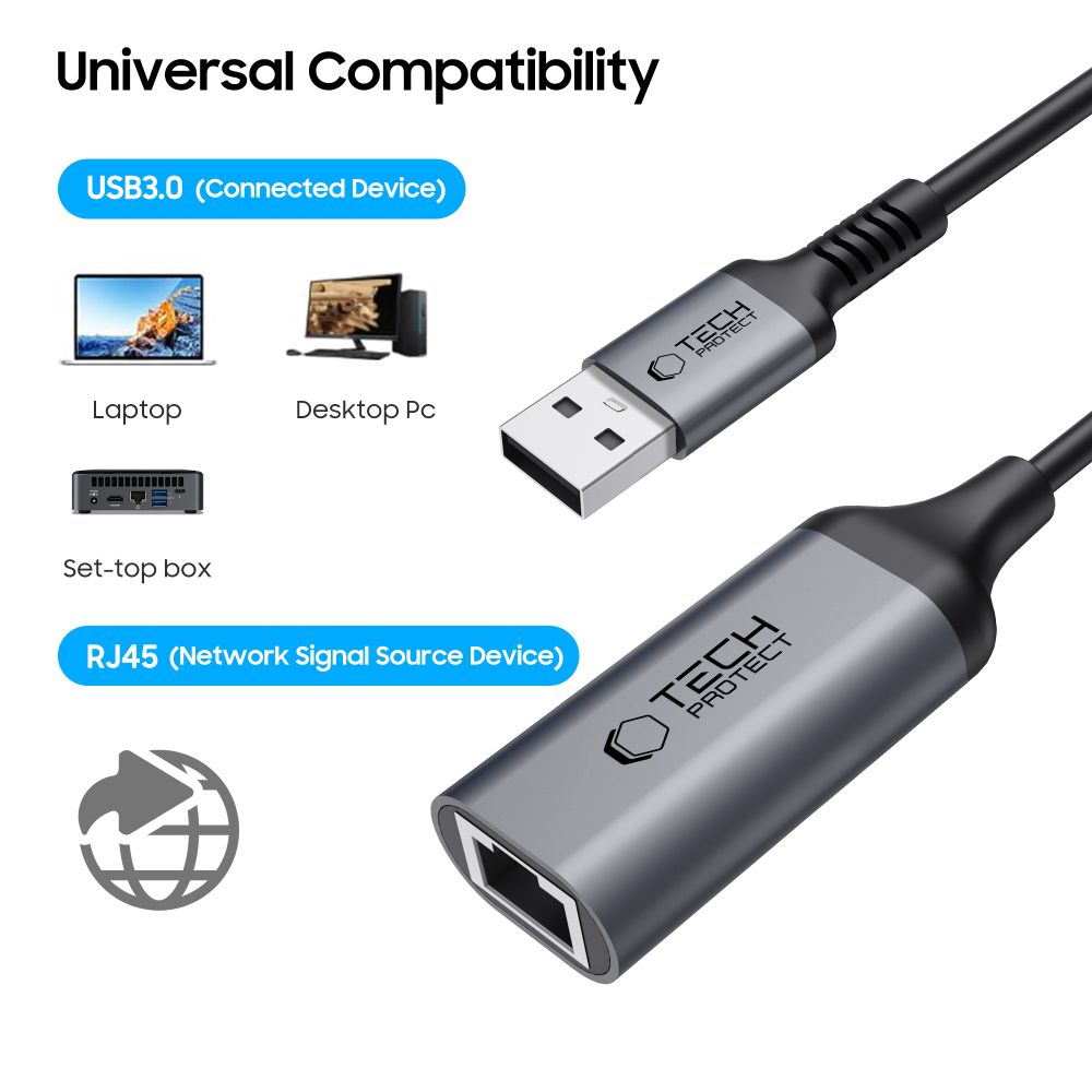 Tech Protect Ultraboost Adapter Usb 3.0 Til Ethernet Rj45 1000 Mbps Sort