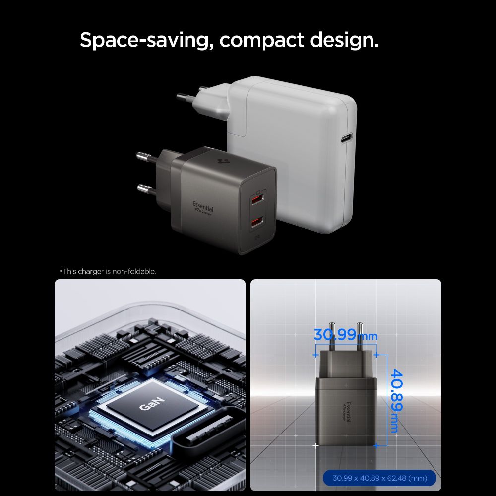 Spigen Ee472 Eu Gan Essential 2 Ports Netværksopladder 47 W Gunmetal