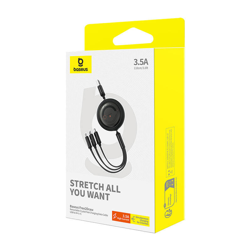 Hurtig opladningskabel 3in1 Baseus Free2Draw, USB til mikro USB+USB-C+Lightning, 3,5 A, 1,1 m (sort)