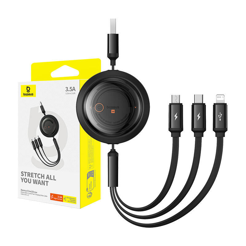 Hurtig opladningskabel 3in1 Baseus Free2Draw, USB til mikro USB+USB-C+Lightning, 3,5 A, 1,1 m (sort)