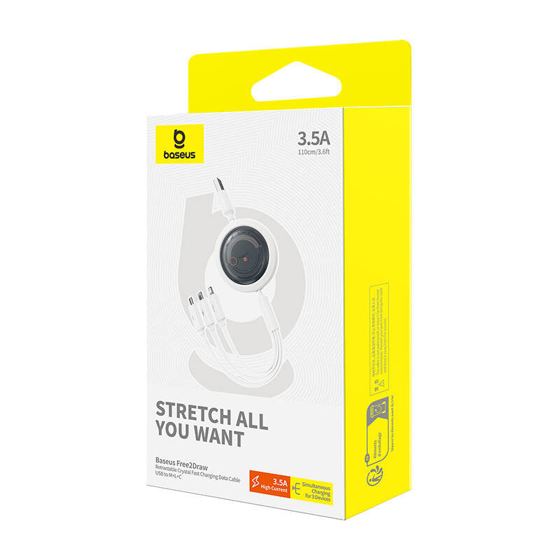 Hurtig opladningskabel 3in1 Baseus Free2Draw, USB til mikro USB+USB-C+Lightning, 3,5 A, 1,1 m (hvid)