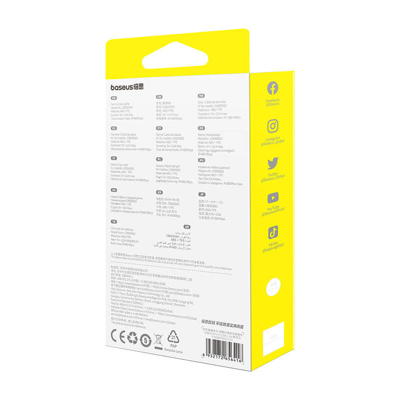 Hurtig opladningskabel 3in1 Baseus Free2Draw, USB til mikro USB+USB-C+Lightning, 3,5 A, 1,1 m (hvid)