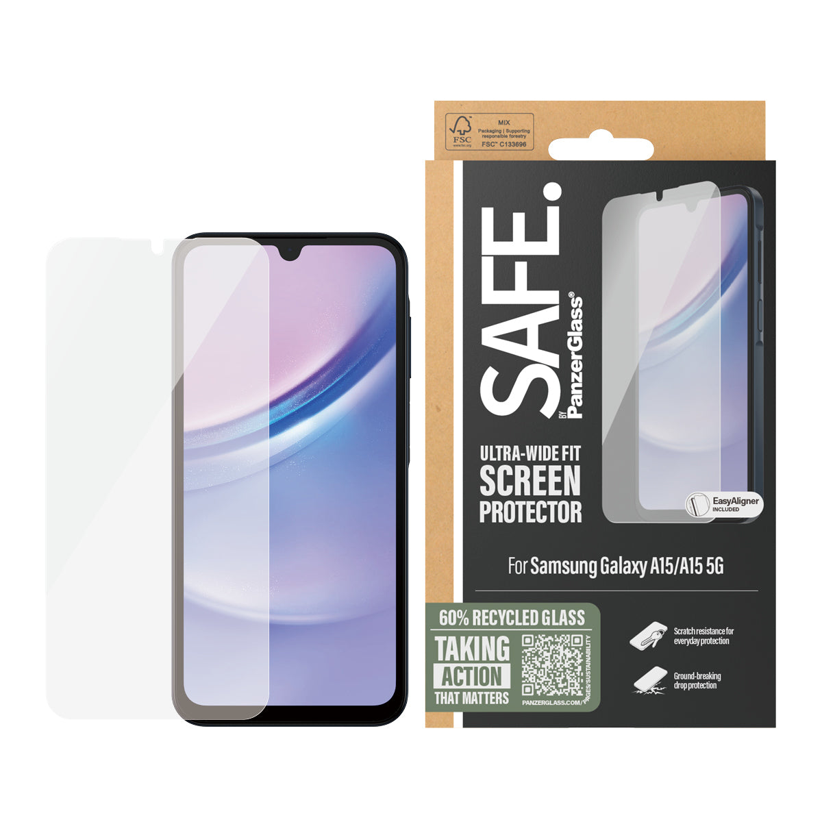 PanzerGlass SAFE. by ® Skærmbeskyttelse by Samsung Galaxy A15 | A15 5G | Ultra-Wide Fit m. EasyAligner