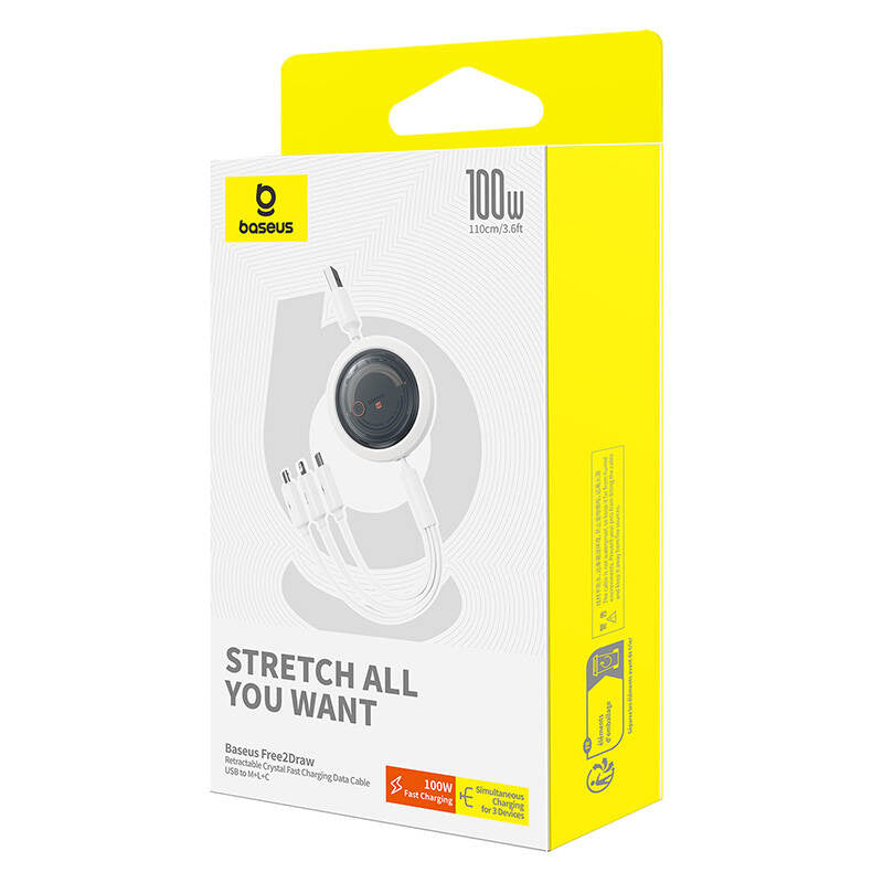 3-i-1 Baseus Free2Draw USB til M+L+C 100W kabel, 1,1 m (hvid)