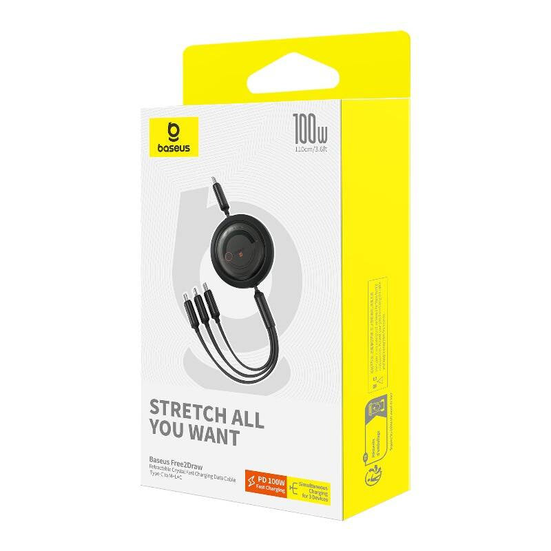 Hurtig opladningskabel 3in1 Baseus Free2Draw USB-C til USB-C/Lightning/Micro 100W, 1,1m (sort)