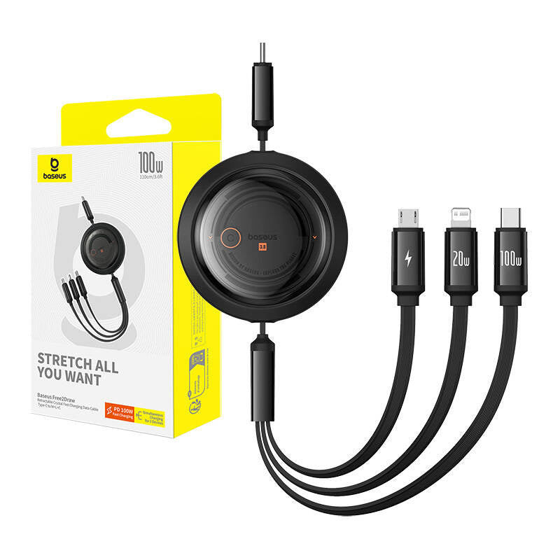 Hurtig opladningskabel 3in1 Baseus Free2Draw USB-C til USB-C/Lightning/Micro 100W, 1,1m (sort)