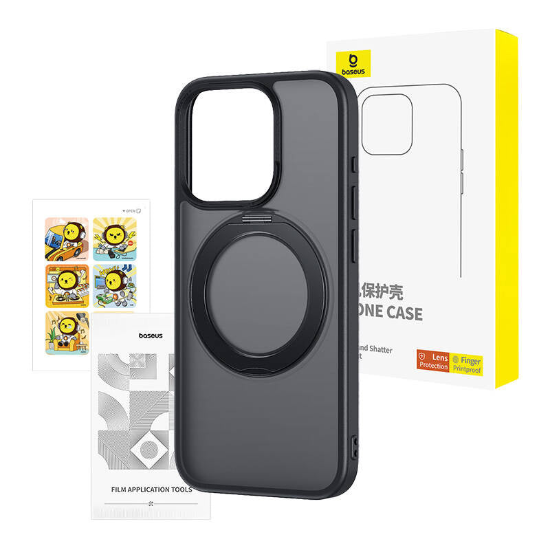 Telefonkasse Baseus SkyRing Magnetisk med stand til iP 15 Pro + hærdet glas og rengøringsset (sort)