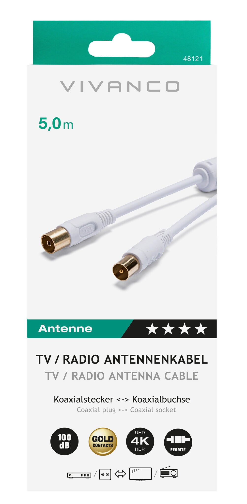 Vivanco 48/30 50GW koaxial kabel 5 m IEC Hvid
