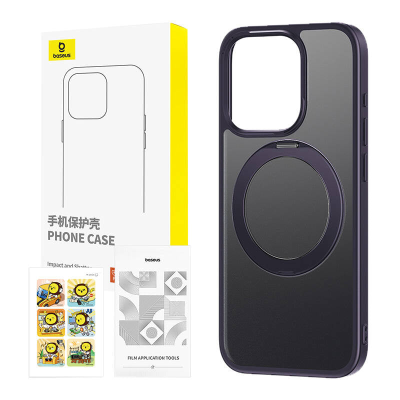 Telefonkasse med stand Baseus SkyRing 360° til iP 14 Pro + tempereret glas og rengøringsset (lila)