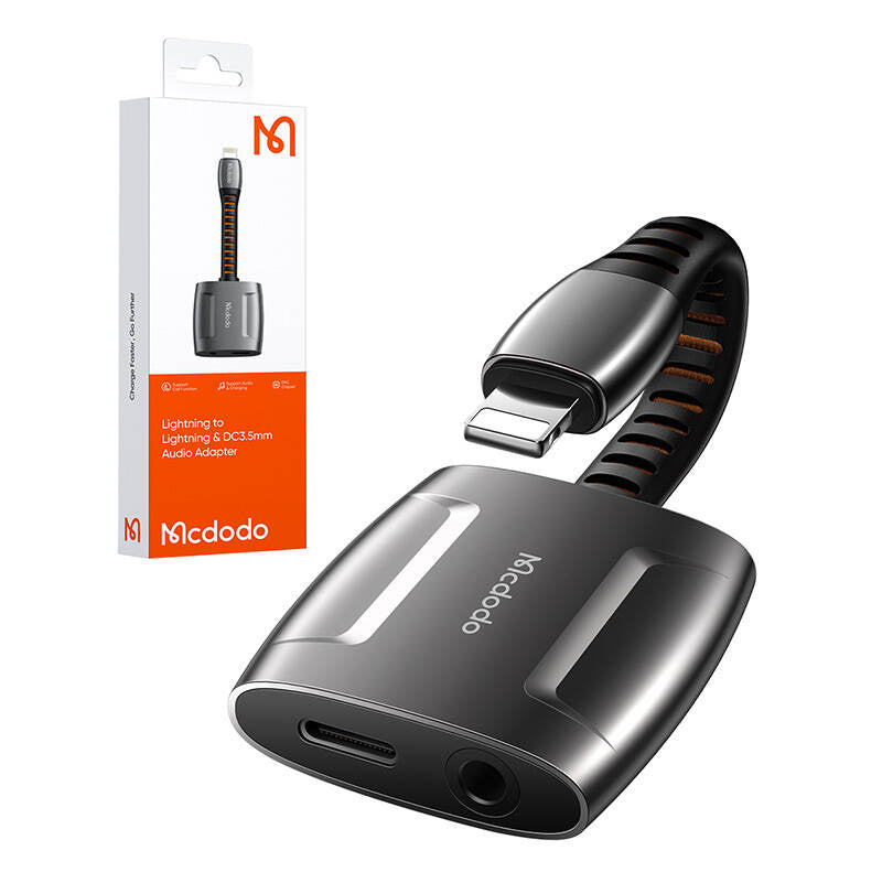Lightning til Lightning + AUX 3,5 mm mini jack adapter, Mcdodo CA-6340 (sort)