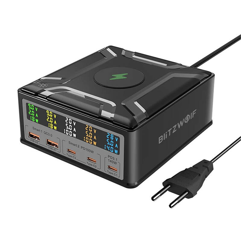 Blitzwolf BW-S28 260W, 2xUSB-A, 3xUSB-C, 15W trådløs oplader (sort)