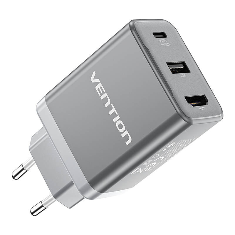 Vention FJAH0-EU USB ((C+A) + HDMI GaN-netoplader (60W/5W/4K@60Hz) (grå)