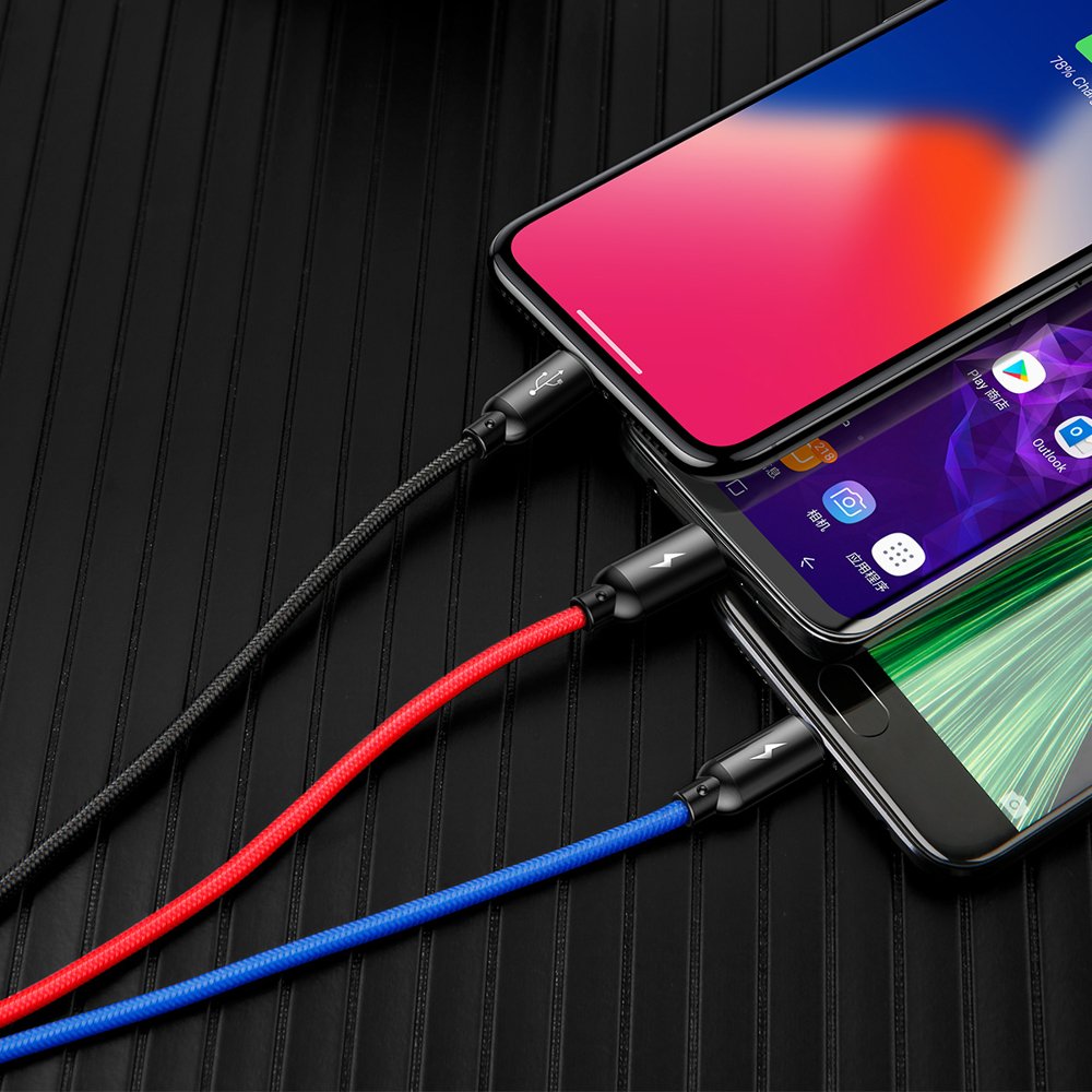 Baseus Tre Primærfarver 3in1 USB-A - micro USB / Lightning / USB-C 3.5A kabel 1,2 m - sort