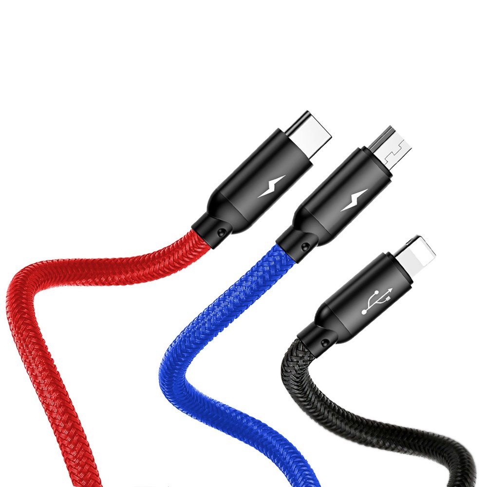 Baseus Tre Primærfarver 3in1 USB-A - mikro USB / Lightning / USB-C 3.5A kabel 1,2 m - sort