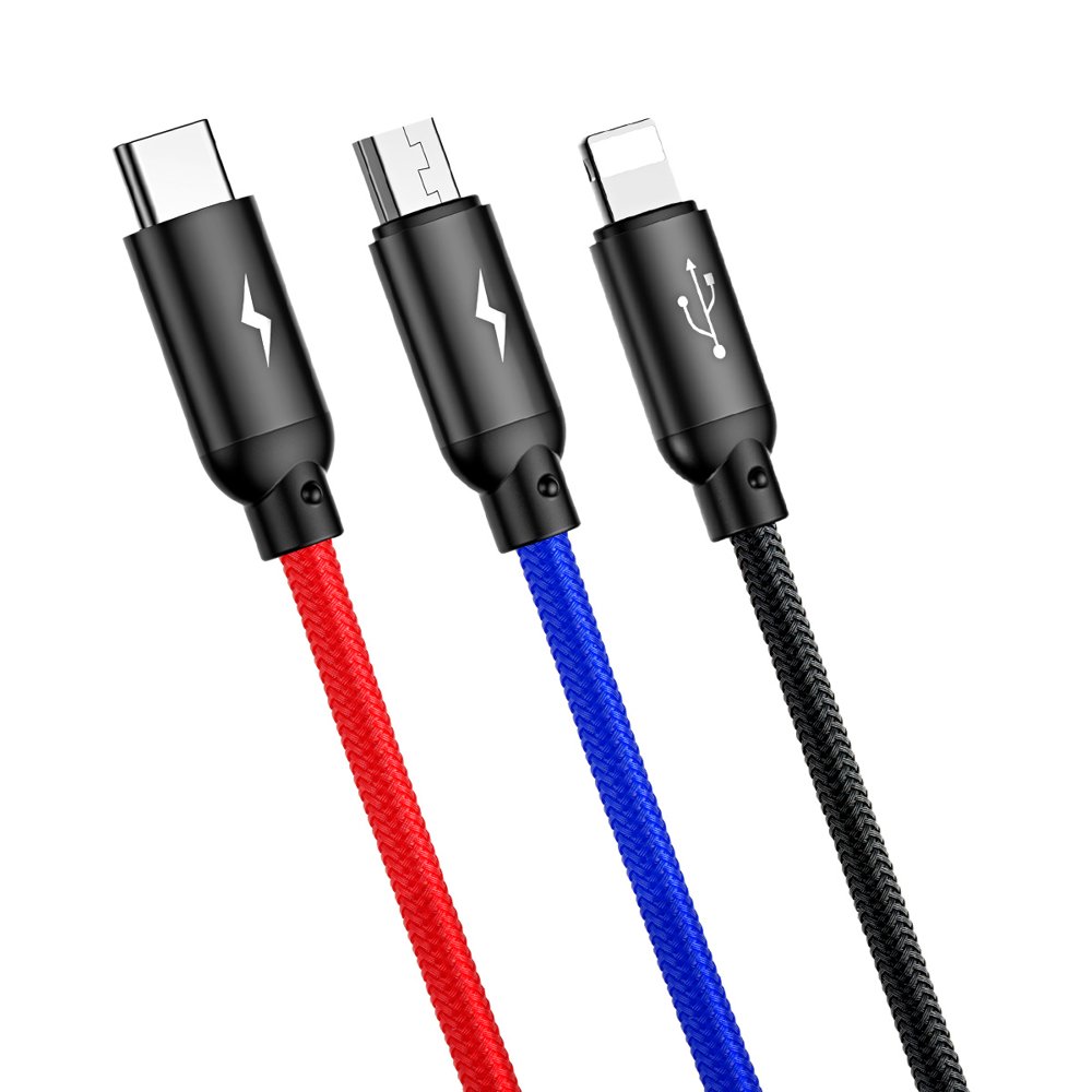 Baseus Tre Primærfarver 3in1 USB-A - micro USB / Lightning / USB-C 3.5A kabel 1,2 m - sort