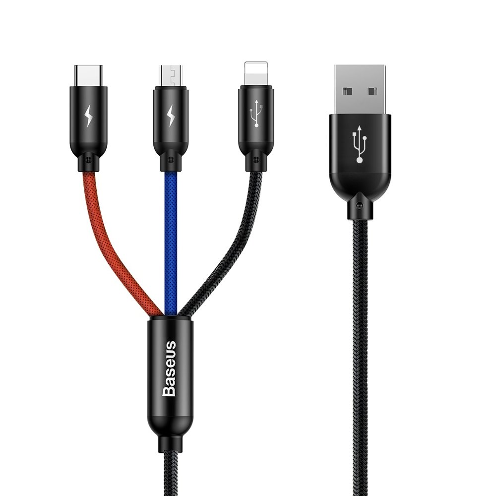 Baseus Tre Primærfarver 3in1 USB-A - mikro USB / Lightning / USB-C 3.5A kabel 1,2 m - sort