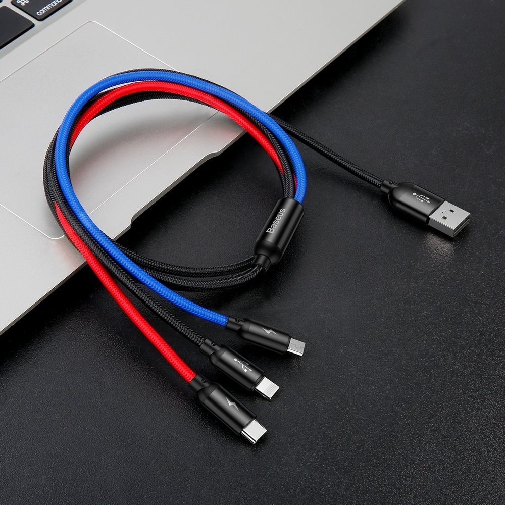 Baseus Tre Primærfarver 3in1 USB-A - micro USB / Lightning / USB-C 3.5A kabel 1,2 m - sort