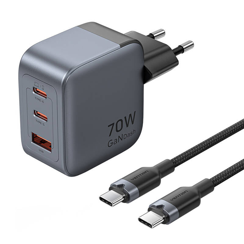GaN Vention USB-C+C+A 70W oplader + USB-C-C kabel 1m (grå)